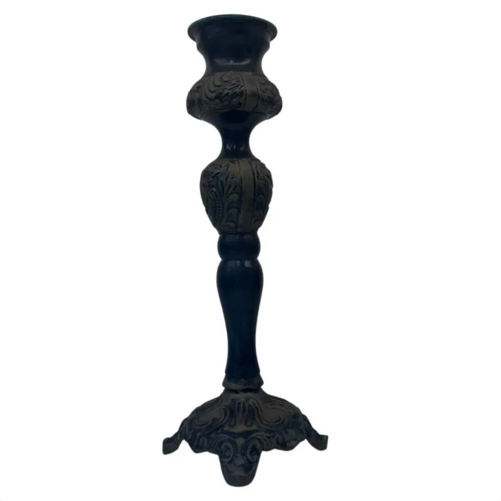 Vtg Made In India Pillar Candlestick Holder Green & Gray Footed Verdigris Trim